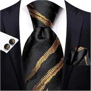 [VSOLS] Men's Blue Black Striped Tie 3.4" Tie Pocket Square Cufflinks Wedding Party Silk Tie Set (Color : SN-3397, Size : 59.06 * 3.35in)
