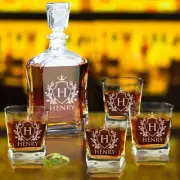 Custom Engraved Whiskey Decanter Set - Decanter and 4 Glasses - Shield Design