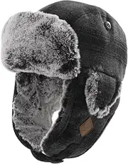 [Fancet] Unisex Stylish Wool Plaid Trapper Hat Faux Fur Earflap Hunting Russian Ushanka Hat Winter Outdoor Ski Snow Hat Warm Thick Lined