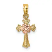 14K Two-Tone Cross W/ Small Flower Charm