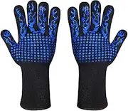 Heat-Resistant BBQ Gloves with Silicone Grip, Extra Long, Black with Blue Flame Design, Comsmart Heat-Resistant Gloves, Protect Your Hands Up to 800°C (1472°F) AUPOINT