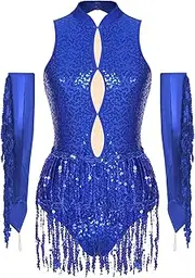 [Loodgao] Women's Latin Rumba Samba Ballroom Dance Costume Sleeveless Shiny Bodysuit with Fringe Gloves