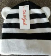 Kids' Striped Cuffed Beanie Cat & Jack™ Black & White With Cat Ears One Size