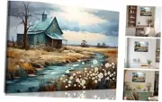 CYULWNNO Farmhouse Wall Art Barn Farm Landscape Painting 12*16in Canvas blue