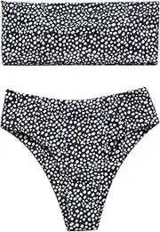 [OMKAGI] Women's Palm Leaf Strapless High Cut Bikini Set Bathing Suit