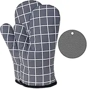 Oven Mitts and Pot Holders Set, 260°C Heat Resistant Oven Mitts Silicone Cotton Double Oven Mitts with Non-Slip Surface for Cooking Baking Grilling Barbecue Microwave Gauntlet