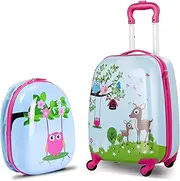 [BABY JOY] 2 Pcs Kids Luggage Set, 16" Toddlers Carry-on Suitcase & 12" Backpack Set, Children Travelling Case w/ 4 Casters, Retractable Handle, Lightweight Trolley Case for Boys Girls, Multicolor, 12 x