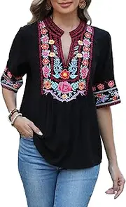 [LauraKlein] Mexican Embroidered Short Sleeve Boho Tops Women's Summer Peasant Blouse Boho Outfit Shirt Hippy Clothes for Women