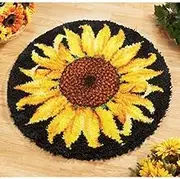 Latch Hook Kits Rug Sunflower Yellow Flower Crochet Yarn Pre-Printed Round Shape Cushion Embroidery Needlework Carpet Cover Hook and Latch Kit Tapestry Christmas Home Decoration 50x50cm