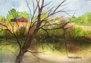Pamela Wilhelm Watercolor 5”x7” Original Springtime Pond Farm barn Landscape