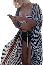 [Generic] Chiffon Open Front Swimsuit Cover Up for Women Floral Print Beach Kimono Cardigans
