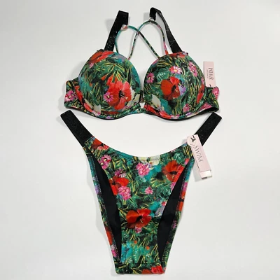 Victoria Secret 34DD M Bombshell Push Up Bikini Set Shine Strap Palm Tropical