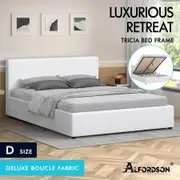 ALFORDSON Bed Frame Double Size Gas Lift Storage Base White Boucle TRICIA