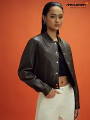 Reiss x McLaren F1 Team Chocolate Cropped Leather Bomber Jacket (181868) | $2,100