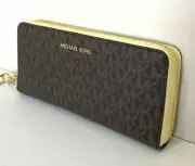 Michael Kors Large Continental Wallet Signature Brown Yellow Wristlet 35F8GTVT2B
