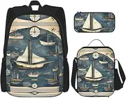Nautical Sailboat Map Backpack With Lunch Box And Pencil Case 3 In,Kawaii Backpacks With Lunch Bag Matching Combo