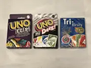NEW Mattel UNO & Tri-Virsity Sealed Card Games~Uno Dare Uno Flip~Ships Free!