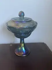India Colony Harvest Grape Blue Carnival Glass Candy Dish
