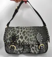New Moschino Cheap & Chic Gray Black Leopard Nylon Leather Studded Shoulder Bag