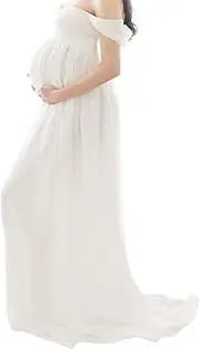 [Jeorywoet] Maternity Dress Lady Chiffon Off Shoullo Photography Maxi Merrages Pregnancy Drag Dresses White S, Maternity Dress