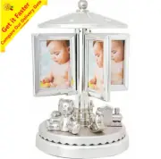 Silver-tone Teddy Carousel Musical Baby Rotating Photo Frame Christening Newborn