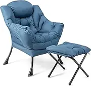 Costway Lazy Chair Polyester Fabric Sofa, Accent Lounge Chair,Upholstered Single Sofa Chair w/Armrests,Side Pocket,Soft Headrest & Cushioned Seat,Leisure Chaise Lounge,Working,Resting,Gaming (Navy)