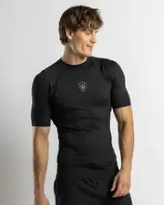 [Far King] Far King Men's Fitted Short Sleeve Rash Vest in Black Size Large L Black