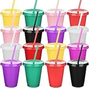 Cups with Straws and Lids Kids Tumbler with Straw Reusable Water Bottle Iced Coffee Travel Mug Cup Adults Plastic Cups for Parties 16 oz(Fresh Colors, 15 Pack)