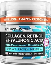 SimplyVital Collagen, Retinol & Hyaluronic Acid Cream - Anti-Aging Face Moisturizer for Face, Neck & Décolleté - Made in USA, Daily Moisturizer Face Cream - 1.7 fl.oz.