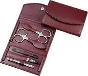 Manicure Set - 5-Piece Nail Care Set - Nail Scissors, Cuticle Scissors, Nail File, Tweezers and Double Instrument - Genuine Nappa Lambskin Leather Manicure Case (Bordeaux)