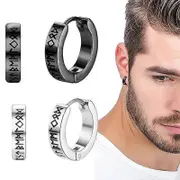 1Pair 12mm Norwegian Viking Rune Hoop Earrings For Men Woman, 316L Stainless Steel Huggie Hoop Religious Ear Piercing Jewelry A1-1Pair-Black