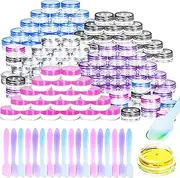 MotBach 100 Pcs 3g Empty Plastic Containers with Lids,Tiny Makeup Sample Containers Small Pot Jars Clear Round Cosmetic Jars with 20 Pcs Mini Spatulas for Liquid Sample Powder Creams (Colored Lid)
