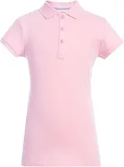 [Tommy Hilfiger] Short Sleeve Girls Fit Stretch Pique Polo Shirt, Little or Big Girls, Kids School Uniform, Fitted, Breathable with Heat Label Interior Tag - Light Pink, Size M8TO10