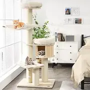 Wood Cat Tree for Indoor Cats, Tall Modern Cat Tower w/Sisal Scratching Posts, Condo, Padded Perch, Hammock, Napping Bed, Dangling Ball, Multi-Level Pet Furniture Kitty Activity Center