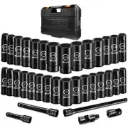 BOEN 35PCS 1/2” Drive Impact Socket Set, Deep SAE(3/8"-1-1/4") & Metric(8-