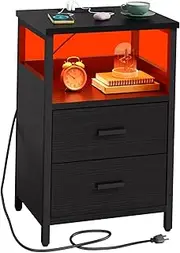 KHLJJU Led Bedside Table with Charging Station, Side Table with Ports and USB Sockets, Side Table for Small Spaces, Black Bedside Tables for Bedroom, Living Room, Office