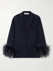 [Valentino Garavani] Valentino Garavani - Feather-trimmed Silk Satin-jacquard Shirt - Navy - IT40 IT 40 Blue