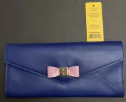 New Tory Burch Bow Continental Envelope Wallet Blue Leather Clutch