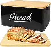 RoyalHouse Modern Metal Bread Box with Bamboo Cutting Board Lid, Bread Storage Container for Kitchen Counter, Vintage Kitchen Decor Organizer - Black