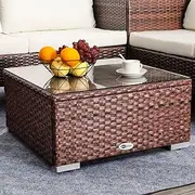 DIMAR garden Outdoor Coffee Table Wicker Patio Furniture Conversation Set Lawn Garden Tea Table Rattan Patio Coffee Tables with Glass Top (25.2in, Mix Brown)