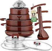 [Nutrichef] 17pcs Brown Stackable Pots and Pans Set, Nonstick Induction Cookware, Space Saving Cookware, Easy Clean, Ideal for RV and Camper, Includes a Foldable Steamer Basket and Cooking Utensils