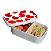 Lunch Box Food Container Snack Picnic Authentic Wood Strap Cutlery Red Hearts