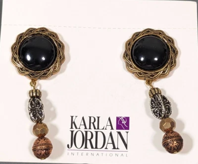 Vintage Karla Jordan Black Onyx Brass Copper Stacked Bead Dangle Pierced Earring