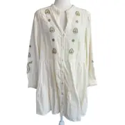Zara Dress Embroidered Ivory Mini Dress Cotton Boho Cottagecore Peasant L NWT