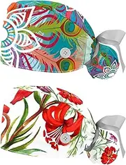 [WOSHJIUK] Working Hat 2 Pack Scrub Caps for Women,Colorful Peacock Feather,Tie Back Cap Adjustable Scrub Hat