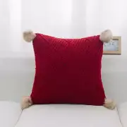 Red Machine Knit With Pom Poms And Feather Down Insert Pillow