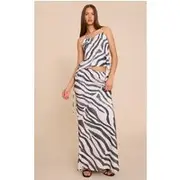 Zebra Print Floaty Woven Tie Side Low Rise Maxi Skirt, Zebra