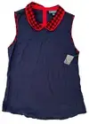 NWT Modcloth Red Blue Sleeveless PLAID Peter Pan Collar Large Top Button Detail