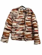 Prana Hellebore Puffer Jacket Small Womens Rose Hips Geo Duck Down Nylon Aztec
