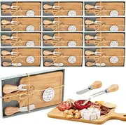 Ziliny 12 Set Bridal Baby Shower Cheese Prizes Wooden Square Board Gift Set Knives Forks Thank You Tags with Box for Guests for Valentines Bridal Baby Shower Housewarming Gifts (Bamboo Color)